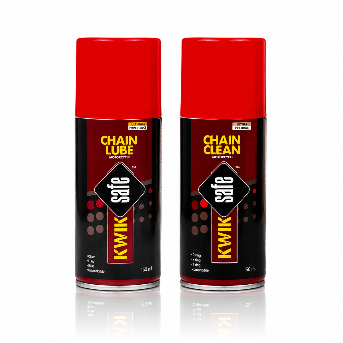 Two aerosol cans of Kwik Safe Chain Lube Multi-Use on a white background with a soft reflection below.