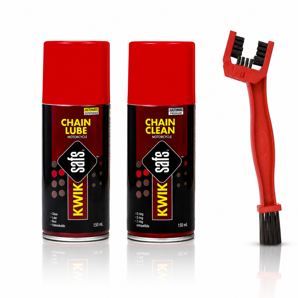 two 150 ml cans of kwik safe chain lube and chain clean next to a red cleaning brush on a white reflective background.