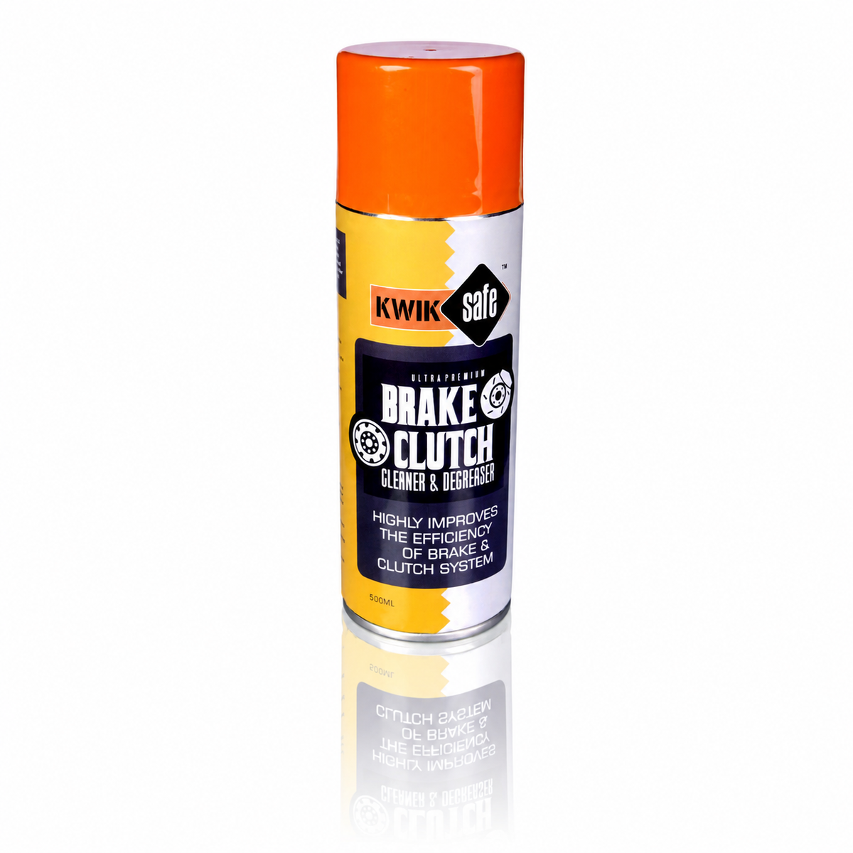 a can of kwik safe brake clutch cleaner & remover spray, featuring a bright orange cap and a yellow, black, and white label, shown on a reflective white background.