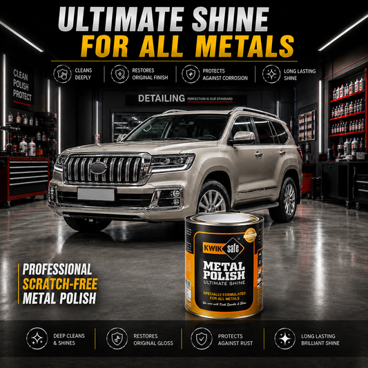 A can of Kwik Safe Metal Polish placed in front of a beige SUV inside a polished detailing shop. The image includes marketing text highlighting the product's ability to clean, restore, and protect metal surfaces.