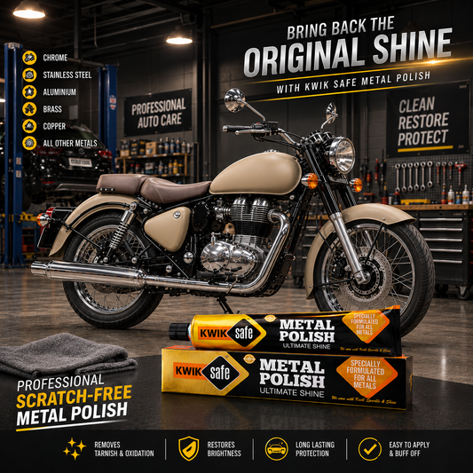 A tan and chrome motorcycle displayed in a professional auto repair garage setting, with a box of Kwik Safe Metal Polish placed on the front wheel area. Text overlays highlight the benefits of metal polish, and feature icons for chrome, stainless steel, aluminum, copper, and other metals.