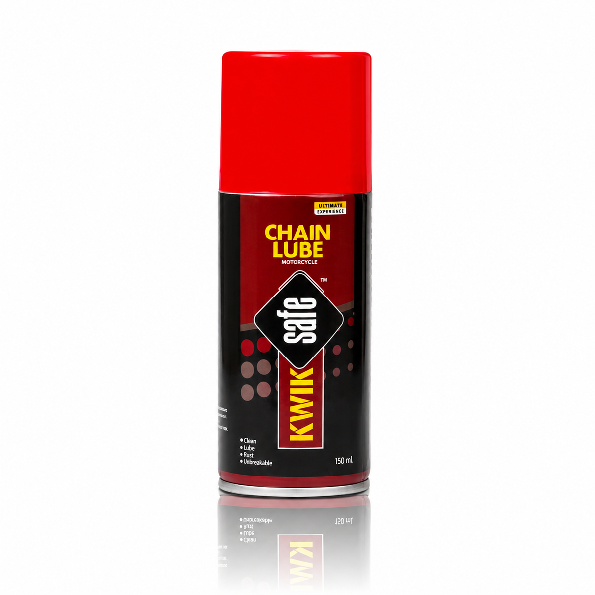 a 120 ml can of kwik safe chain lube motorcycle chain lube with a bright red cap and a black and red label, shown on a white background with a reflection.