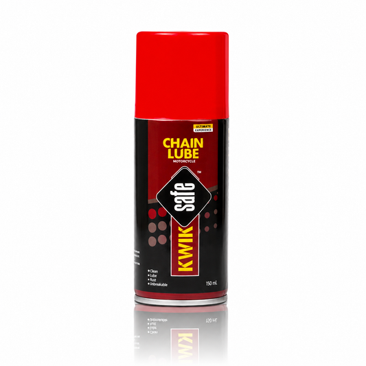 A 120 ml can of Kwik Safe Chain Lube Motorcycle chain lube with a bright red cap and a black and red label, shown on a white background with a reflection.