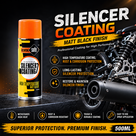 A can of KwikSafe SilencerCoating in Matt Black Finish is shown next to a motorcycle exhaust pipe on a dark textured surface, with large promotional text highlighting high-temperature coating, rust and corrosion protection, and long-lasting silencer protection.