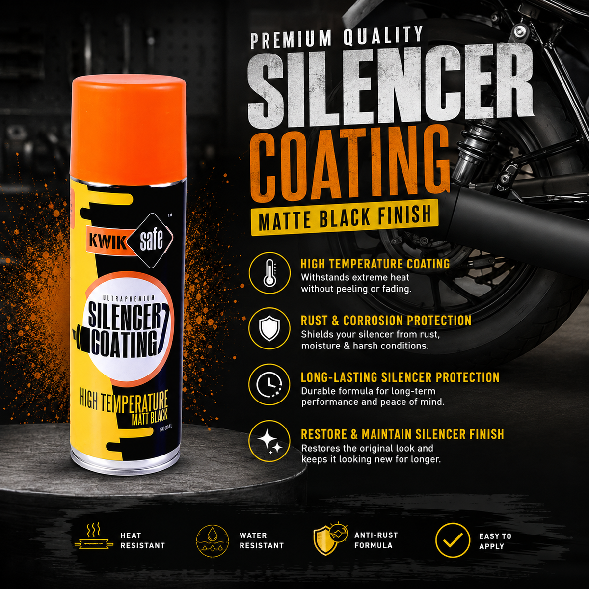 a can of kwik safe silencer coating in matte black finish with an orange cap, shown on a dark textured background with motorcycle parts and promotional text about heat resistance, rust protection, and easy application.