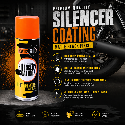 A can of Kwik Safe Silencer Coating in matte black finish with an orange cap, shown on a dark textured background with motorcycle parts and promotional text about heat resistance, rust protection, and easy application.