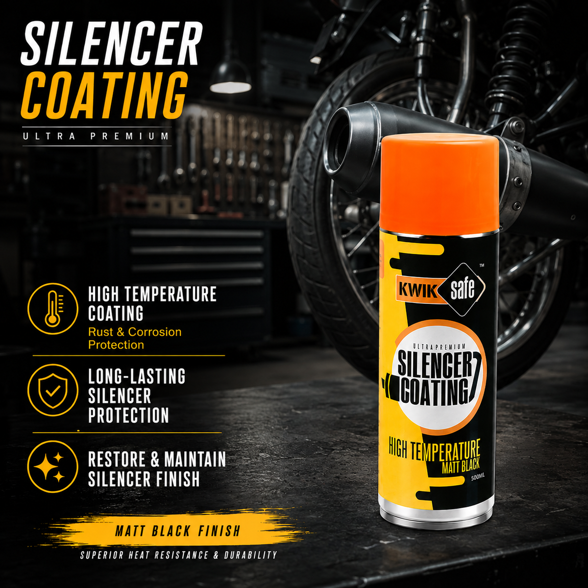 a can of kwik safe silencer coating in matt black with an orange cap, displayed on a dark workshop floor with a motorcycle in the background. the left side features promotional text highlighting high temperature coating, long-lasting protection, and restoring the silencer finish.