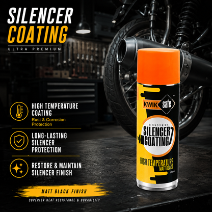 A can of Kwik Safe Silencer Coating in Matt Black with an orange cap, displayed on a dark workshop floor with a motorcycle in the background. The left side features promotional text highlighting high temperature coating, long-lasting protection, and restoring the silencer finish.