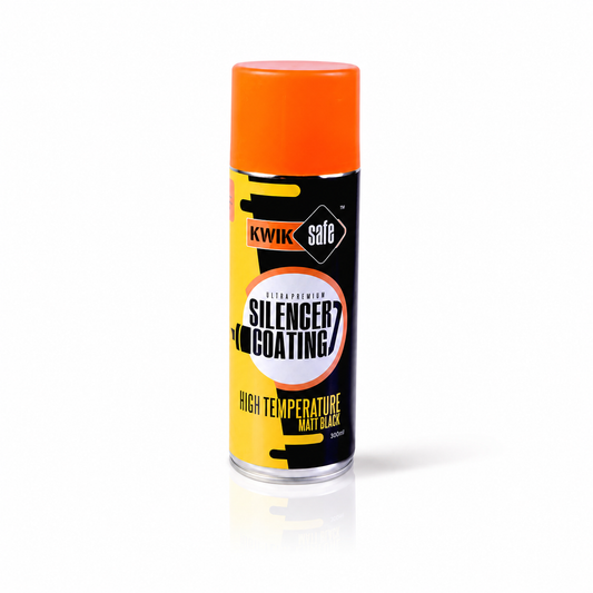 A can of Kwik Safe Silencer Coating in High Temperature Matt Black, featuring a bright orange cap and a black and yellow label, set against a plain white background with a soft reflection.